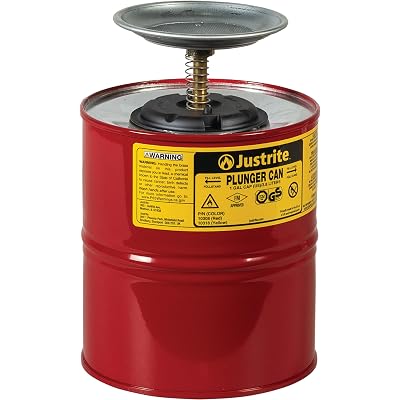 Justrite Plunger Can for Solvents, 1 Gallon Capacity, 10.5" x 7.25" Steel Push-Down Solvent Dispenser Can, Made in The USA Industrial Mechanic Tools, Red, 10308