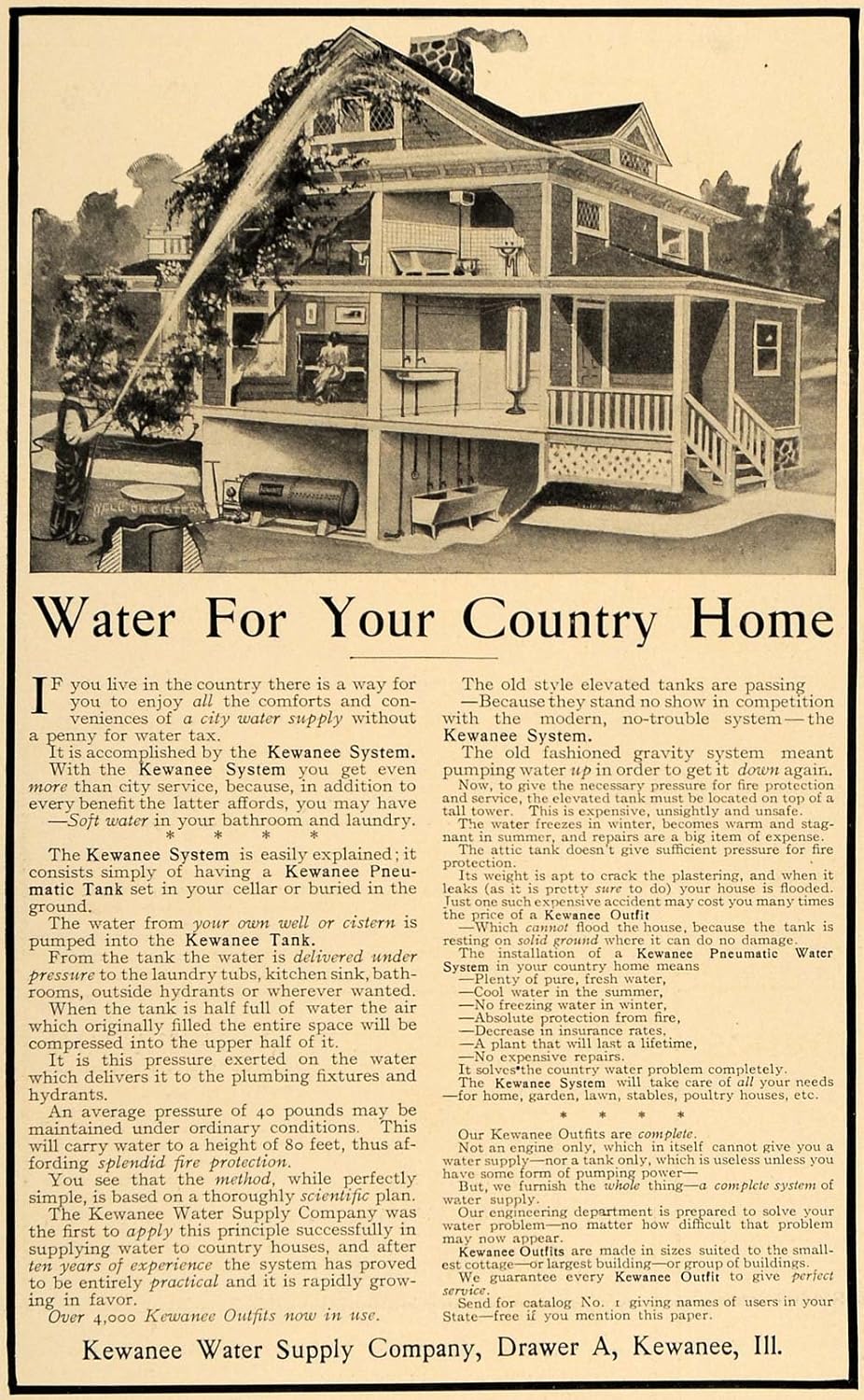 1906 Ad Kewanee IL Water Supply System Pneumatic Tank Original Print Ad
