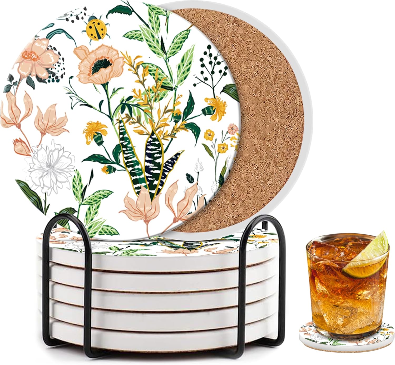 Cute Flower Coasters Set of 6 with Holder and Cork Base - 4in Absorbent Ceramics Coaster for Tabletop Protection Drink Coasters-Coffee Table Decoration,Home Decor-Housewarming Gifts for New Home