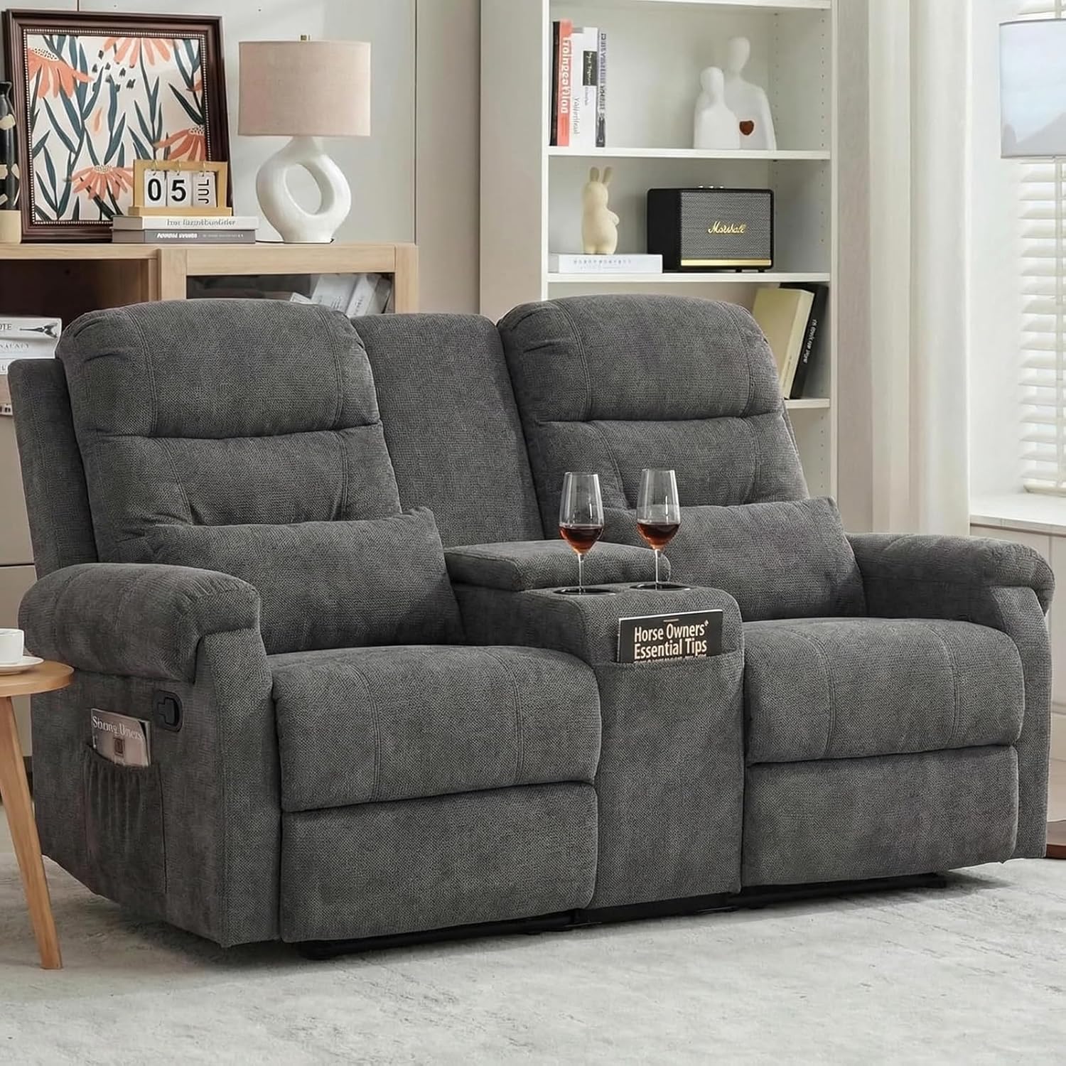 MANBUR Reclining Loveseat with Console, Loveseat Reclining Sofa,Home Theater Seating, RV Recliner Couch, Sofa Recliners, Double Recliner Loveseat with Pockets & Cup Holders (Velvet Gray)
