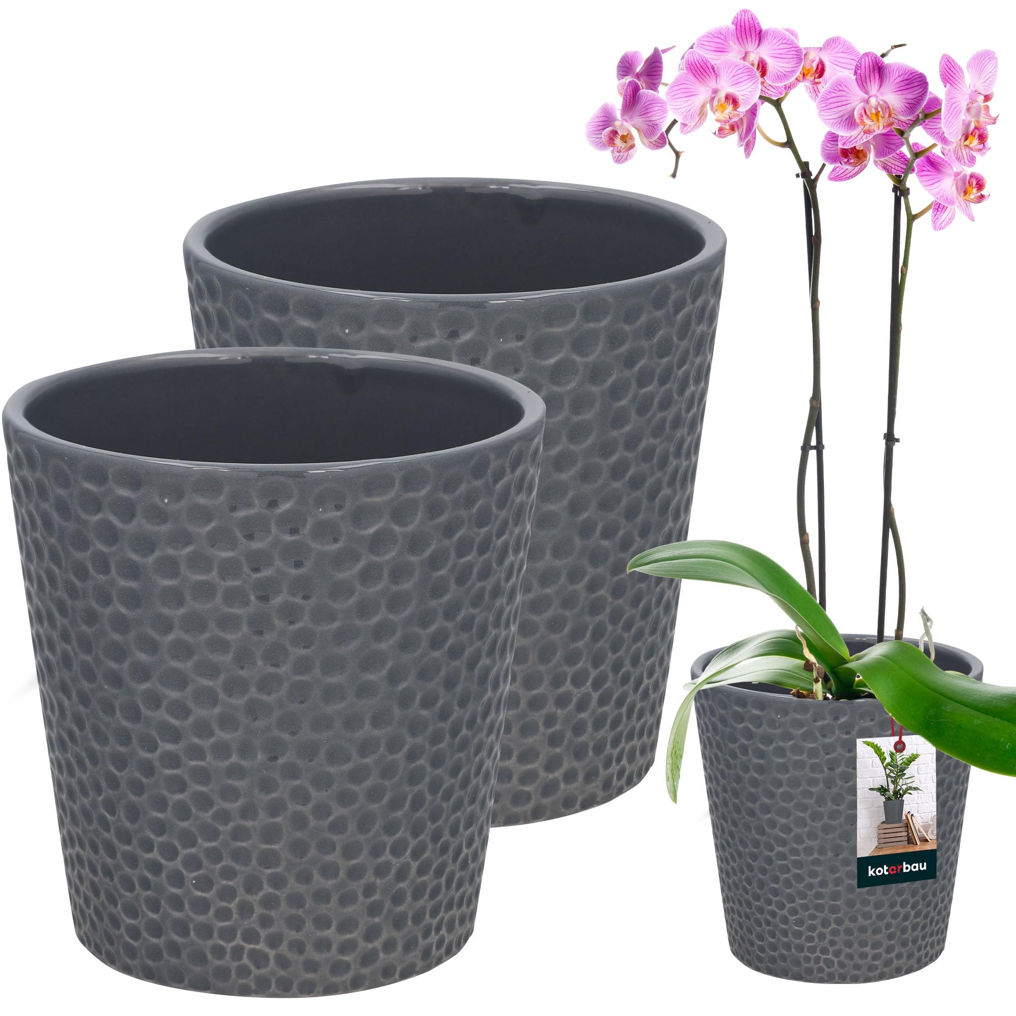 KOTARBAU Set of 2 Flower Pots, Ash Colour, Glazed Ceramic, Diameter 9.5 cm, Height: 11 cm, Orchid Pot, Ceramic Flower Pots, Plant Pot, Modern Flower Pots, Indoor Plants