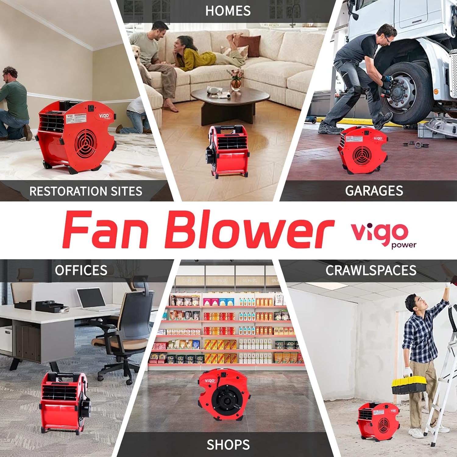 Floor Fan High Velocity Air Mover - 300 CFM Industrial Air Blower for Carpet Drying, Garage & Home - Portable Car Dryer Blower with 2 Built-in Power Outlets & Variable Speed Control