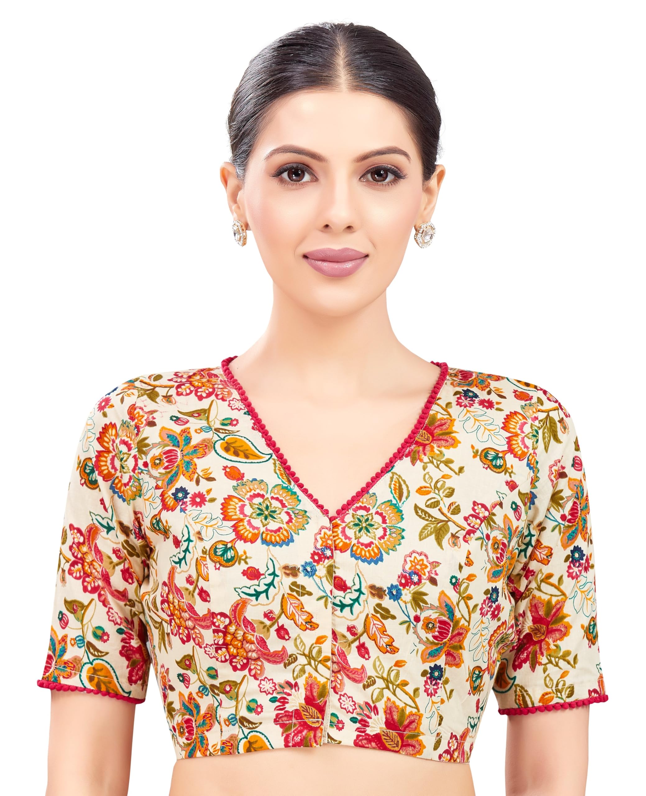 Women's Floral Printed Cotton Saree Elbow Length Sleeves Blouse