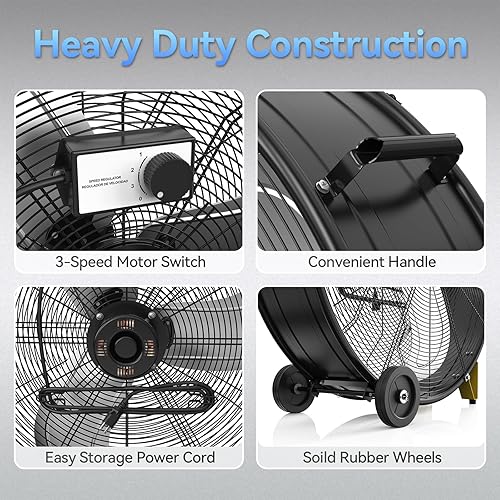 Miniatura 3 de Ventilador de tambor industrial de alta velocidad de 13000 CFM de 30 pulgadas, ventilador industrial resistente de 3 velocidades para almacén,