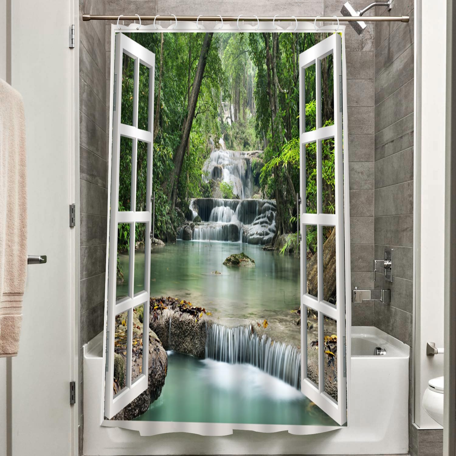 Green Forest douchegordijn voor badkamer, tropische jungle regenwoud landschap natuur boom exotische planten badgordijn, 69x70 inch waterdichte stof met 12 haken