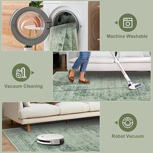 Miniatura 4 de Seavish Alfombras lavables de 8 x 10 pies, color verde, envejecida, para sala de estar, alfombra con estampado oriental para dormitorio, alfombra