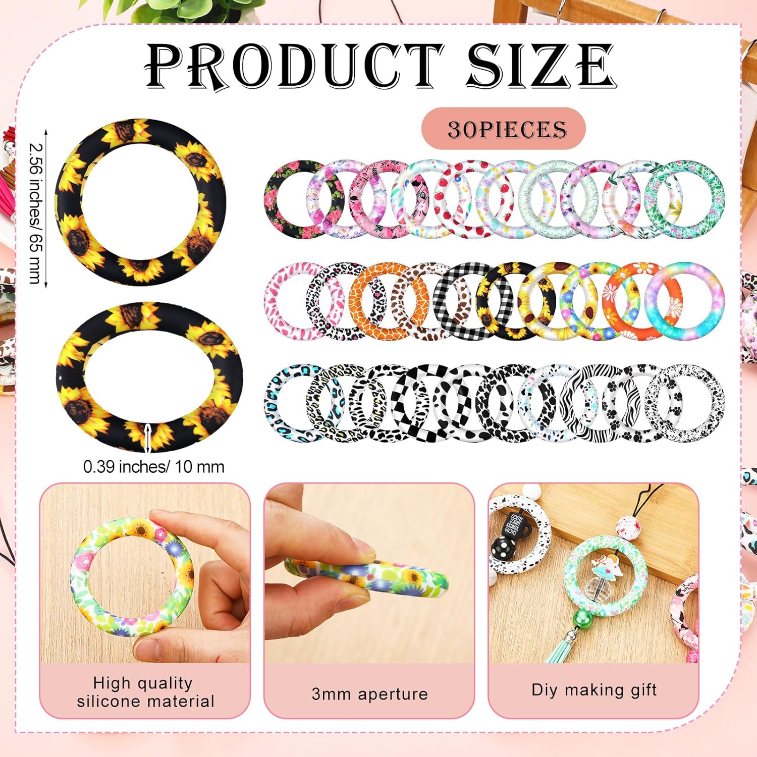 Landical 30 Sets Silicone Beadable Rings Making Kits 65mm Round Silicone Bead Loop and Keychain Tassels Bulk Leather Key Chain Charms Black Clasp for DIY Keychain Bracelet Jewelry Necklace (Print)