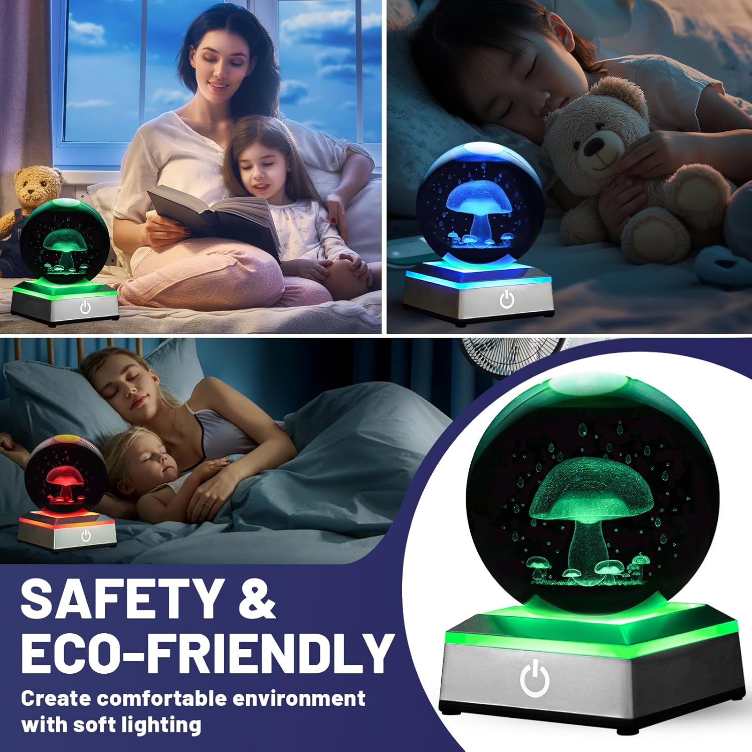 3D Mushroom Crystal Ball Night Light with LED Colorful Touch Base, Multicolor Crystal, 3.15 Inch Mushroom Figurines, Table Lamp Decor Gifts for Kids Teens Women
