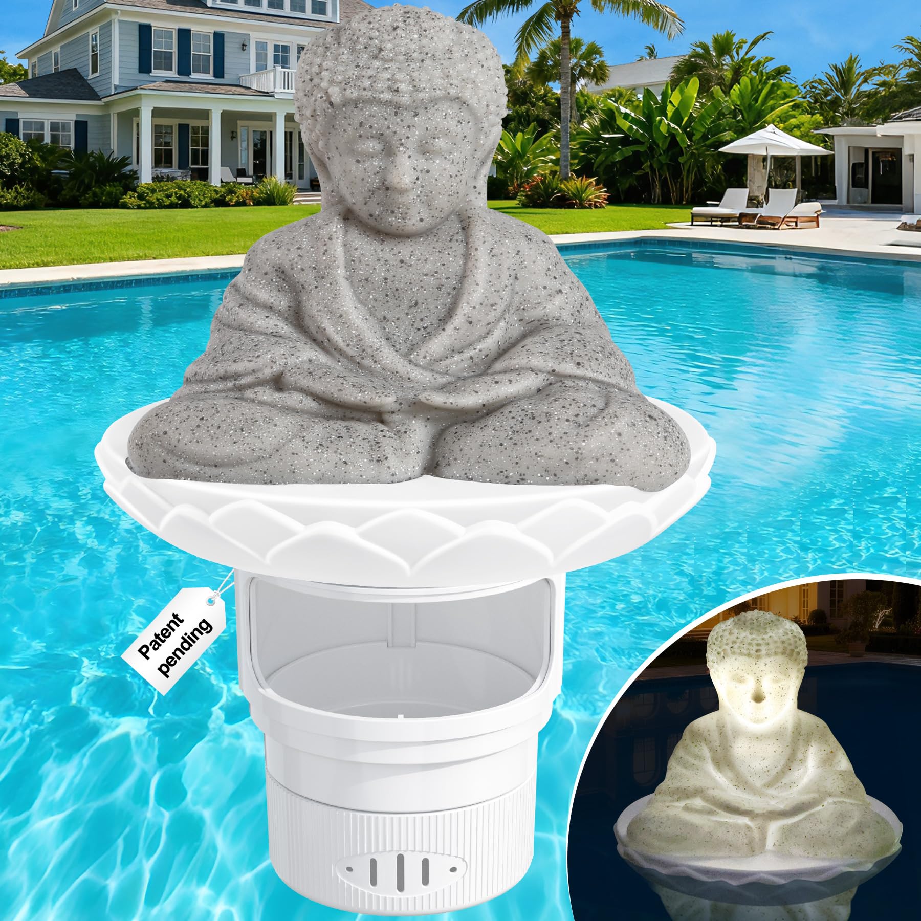 PRAXXIS Galleggiante solare per cloro, statua di Buddha galleggiante per cloro con luce solare, dispenser di cloro galleggiante regolabile per piscina, galleggiante per cloro pieghevole, galleggiante