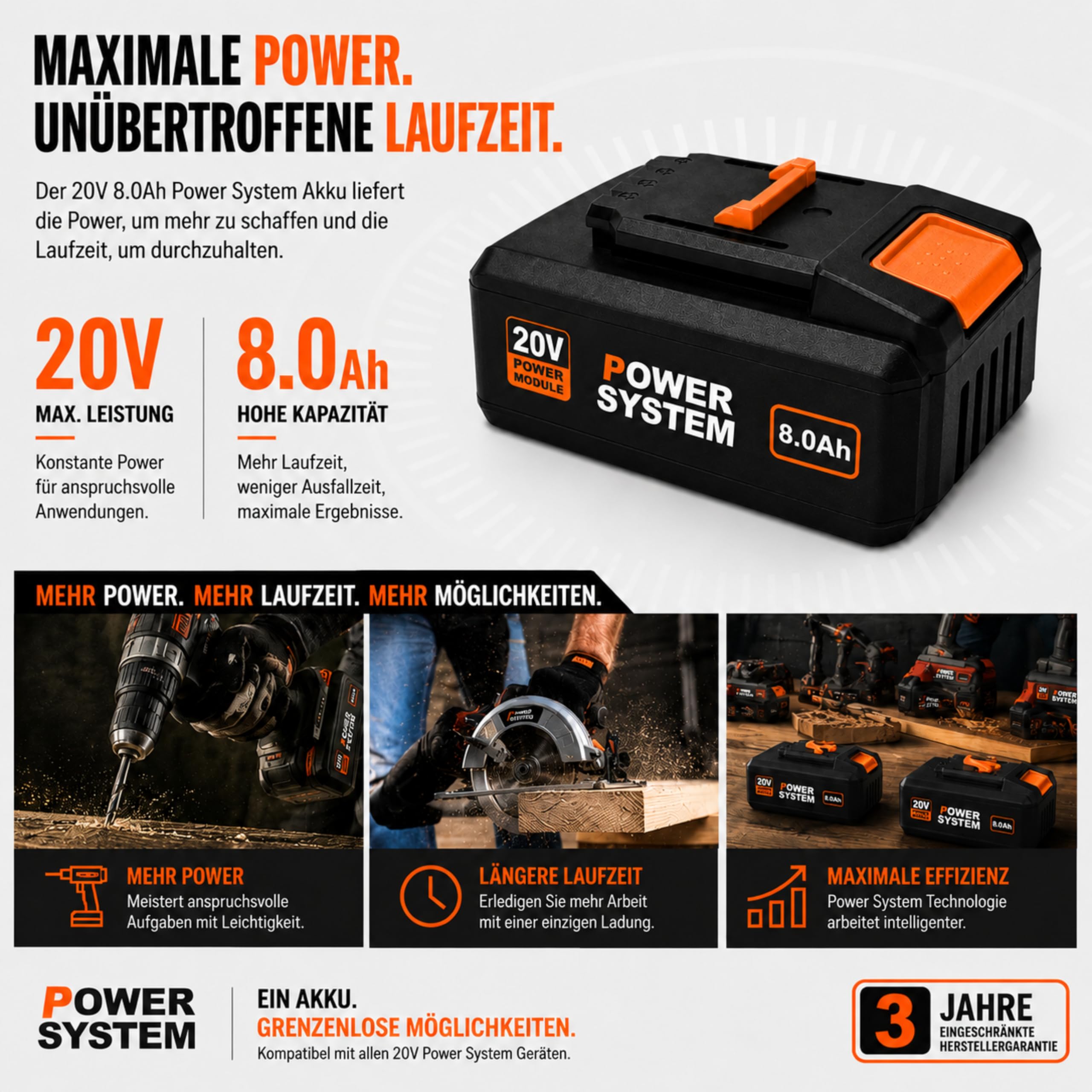20V 8.0Ah Akku kompatibel mit Worx PowerShare WA3648 – Li-Ion Ersatzakku mit LED Anzeige – Hochleistungsakku für Worx 20V Elektrowerkzeuge – Lange Laufzeit