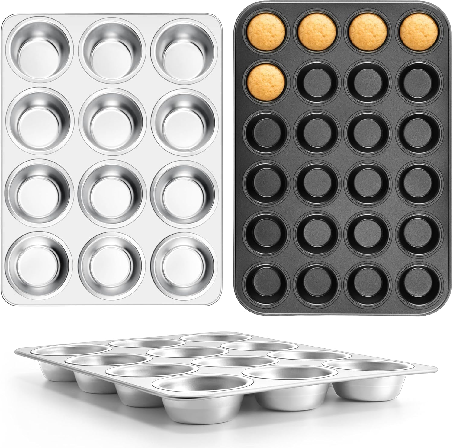 E-far Muffin Pan Set of 3, 2-Pack Stainless Steel 12-Cup Cupcake Pan & 1-Pack Carbon Steel 24-Cup Metal Muffin Baking Tins, Regular Size & Easy Clean, Non-toxic & Oven Safe