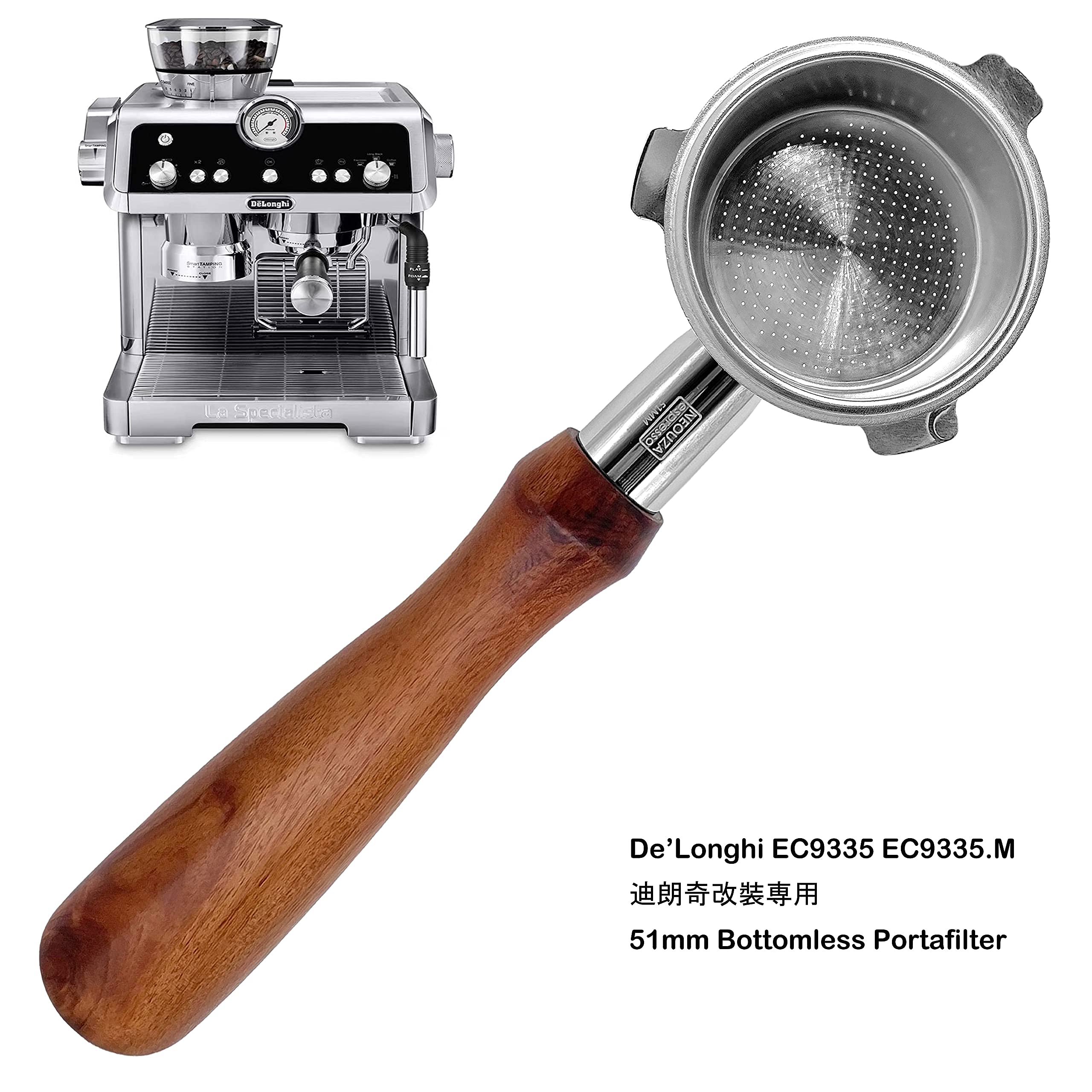 NEOUZA Coffee - Portafiltro sin fondo de 51 mm compatible con la máquina de espresso DeLonghi EC9335, sin soporte de filtro base