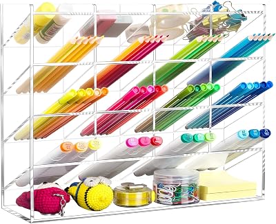 BEYGORM Acrylic Vertical Marker Organizer for 200 Markers with 17 Compartments, Clear Angled Pen & Pencil Holder, Large Desk Stationery & Art Supply Storage for Office & School (13 x 10