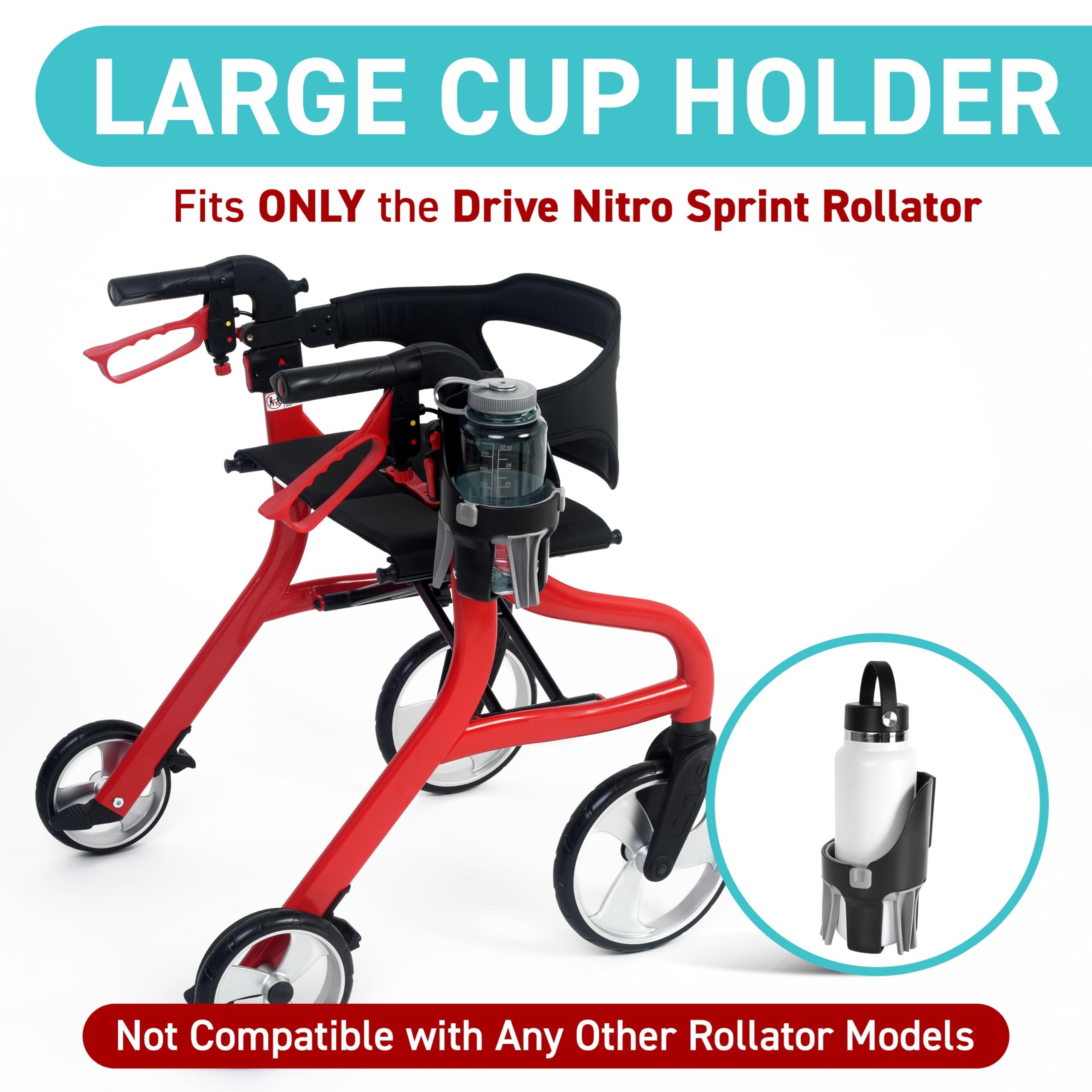 Rollator Getränkehalter kompatibel mit Drive Nitro Sprint Rollator - Getränkehalter für Rollator Walker passend für verschiedene Flaschengrößen - Drive Nitro Rollator Zubehör