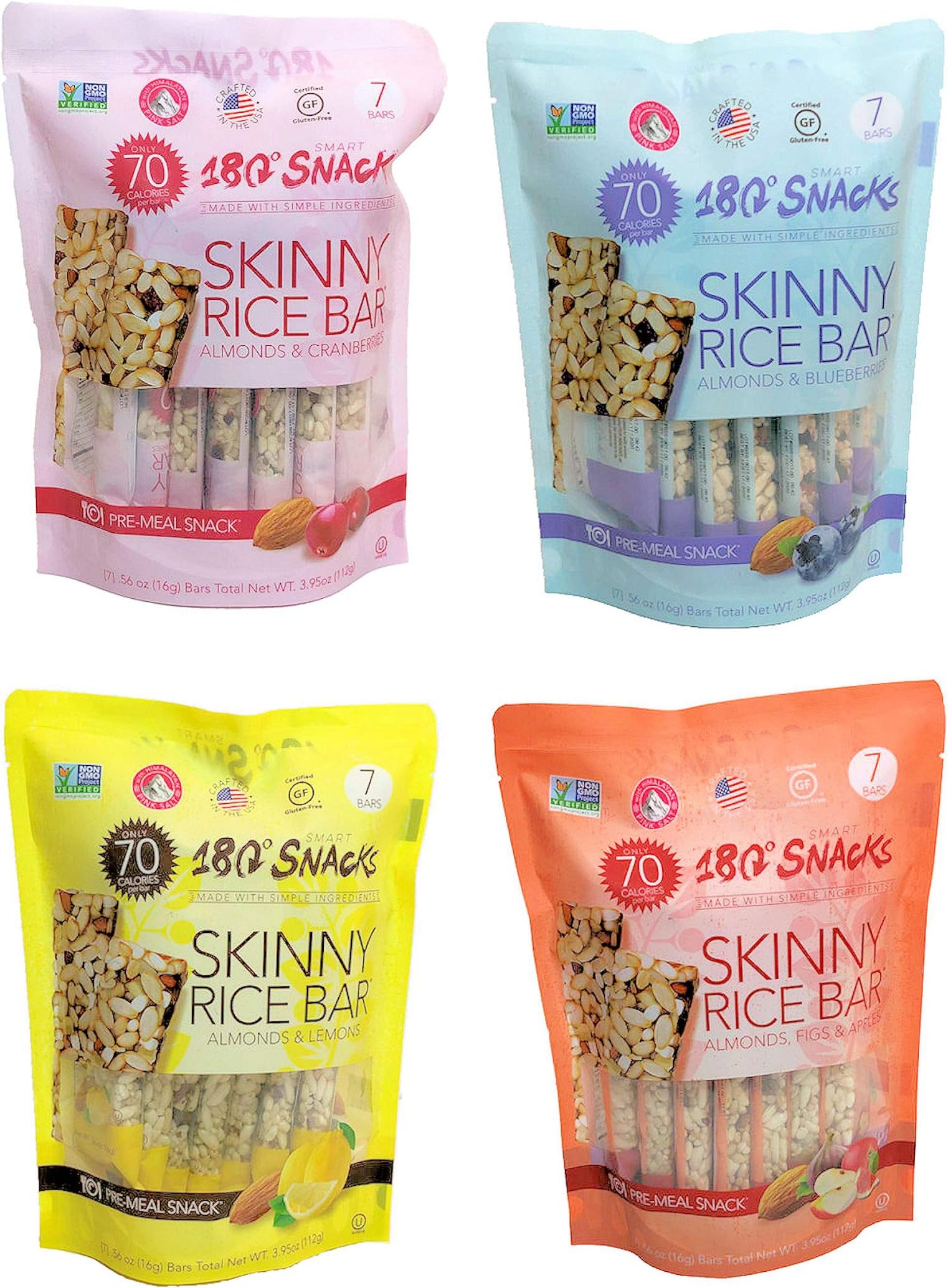 180 Snacks Pre-Meal Snack Skinny Rice Bar with Himalayan Salt Variety Bundle Pack (4) 3.22 oz each