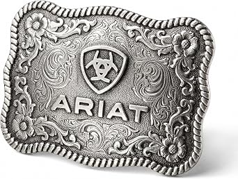 ARIAT Scalloped Logo Buckle with Twisted Rope Edge, Floral Scrolls, Filigree Detailing, 3 34 x 2 34