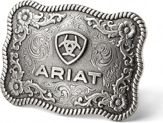 ARIAT Scalloped Logo Buckle with Twisted Rope Edge, Floral Scrolls, Filigree Detailing, 3 34 x 2 34