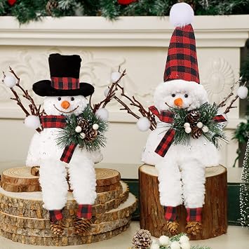 Lulu Home Set of 2 Christmas Snowman Ornaments, Red and Black | Table Mantel Desk Fireplace, Home Holiday Decor