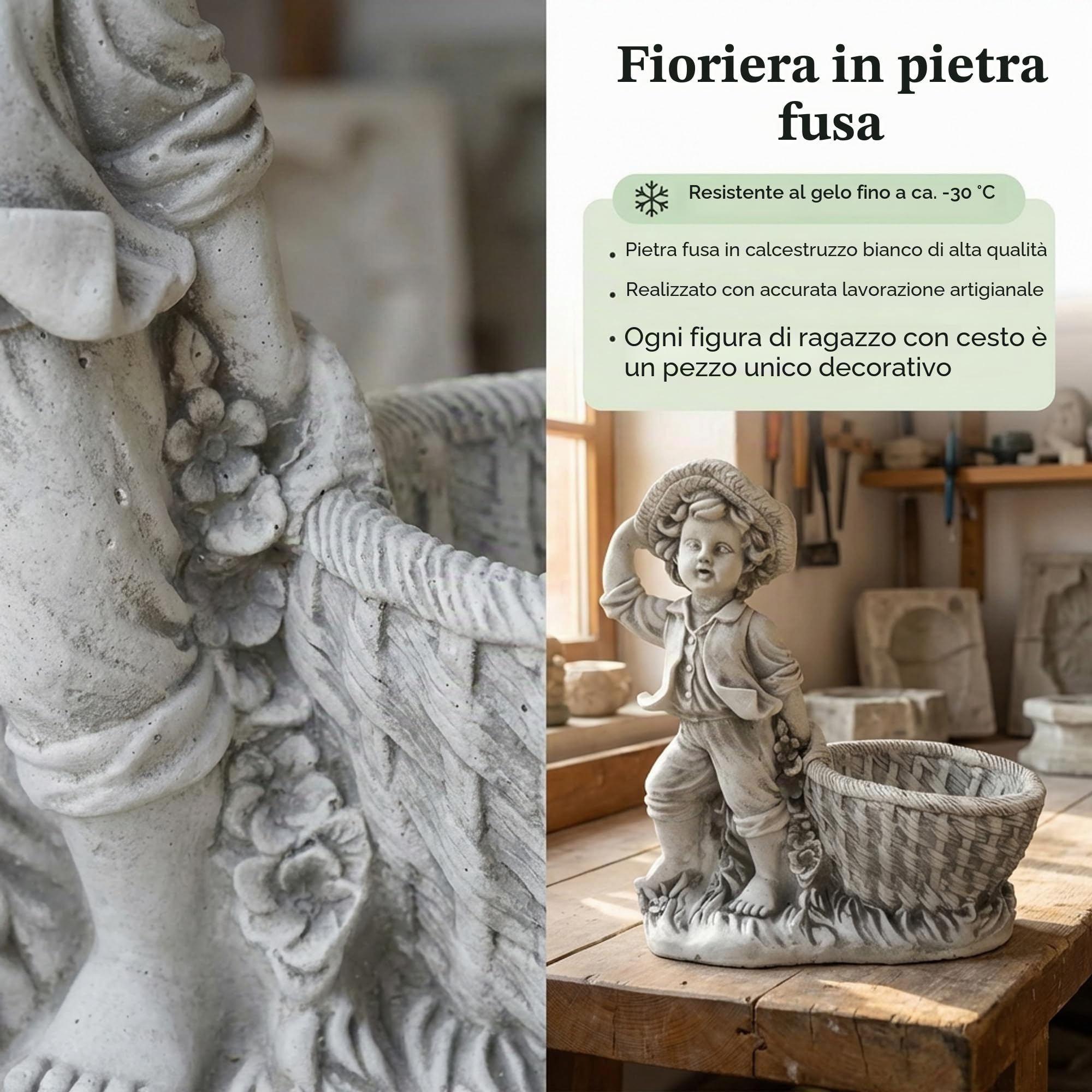 gartendekoparadies.de Statua da giardino Ragazzo con vaso, altezza 40 cm, vaso per piante in pietra refrattaria resistente al gelo, decorazione da giardino in grigio
