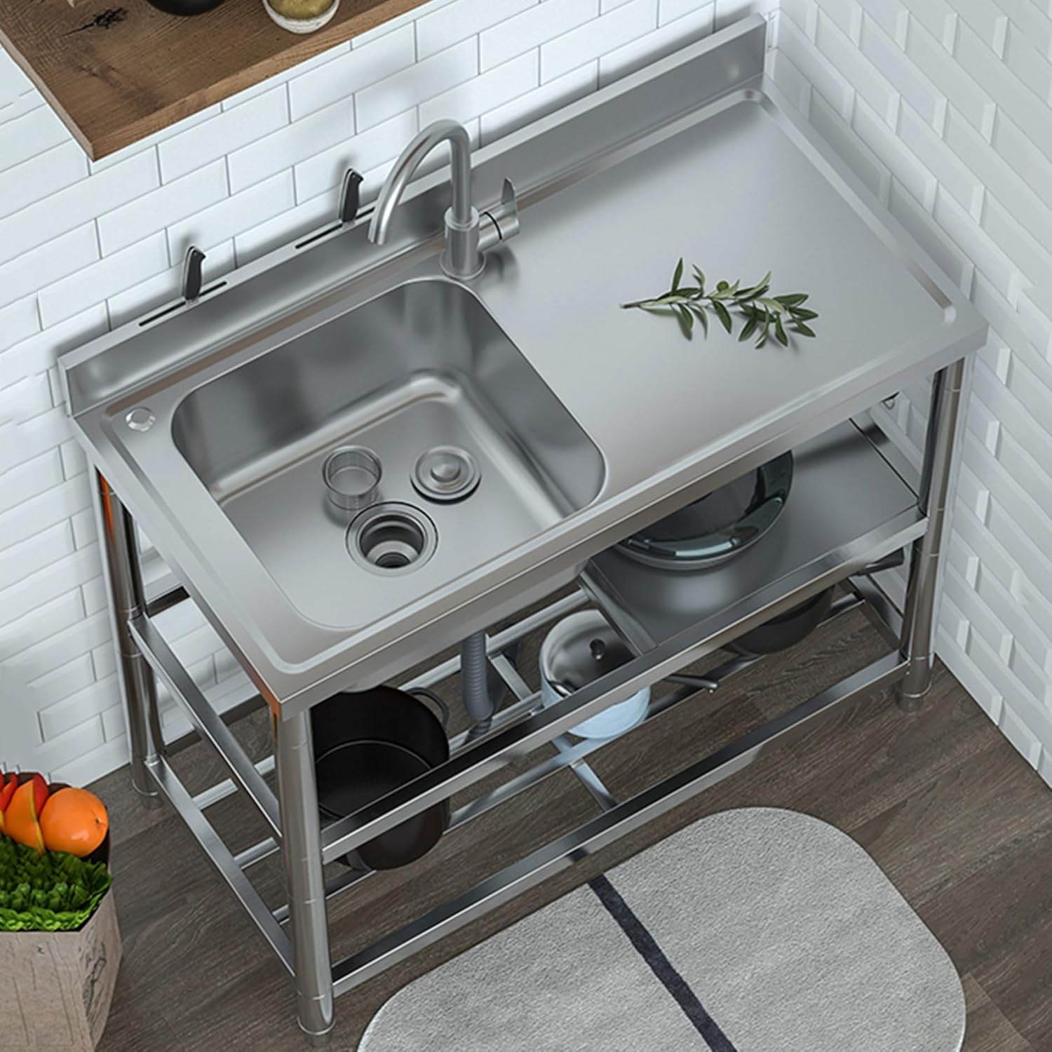 Freistehende Edelstahl Spüle Mit Unterschrank 42x37x83cm - Mobile Küchenspüle Mit Wasserhahn & Filter