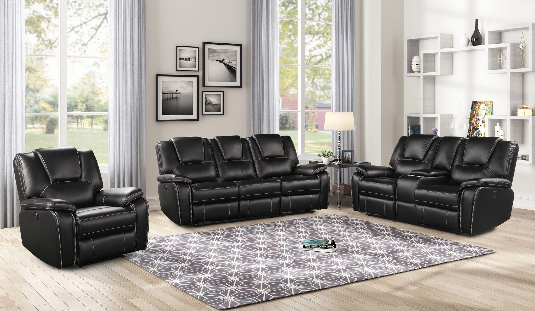 Faux Leather Recliner Sofa Furniture Set for Living Room, Recliner Chair, Manual Loveseat, 3 Seat Recliniing Sofa Couch Set for Meeting Room,Black