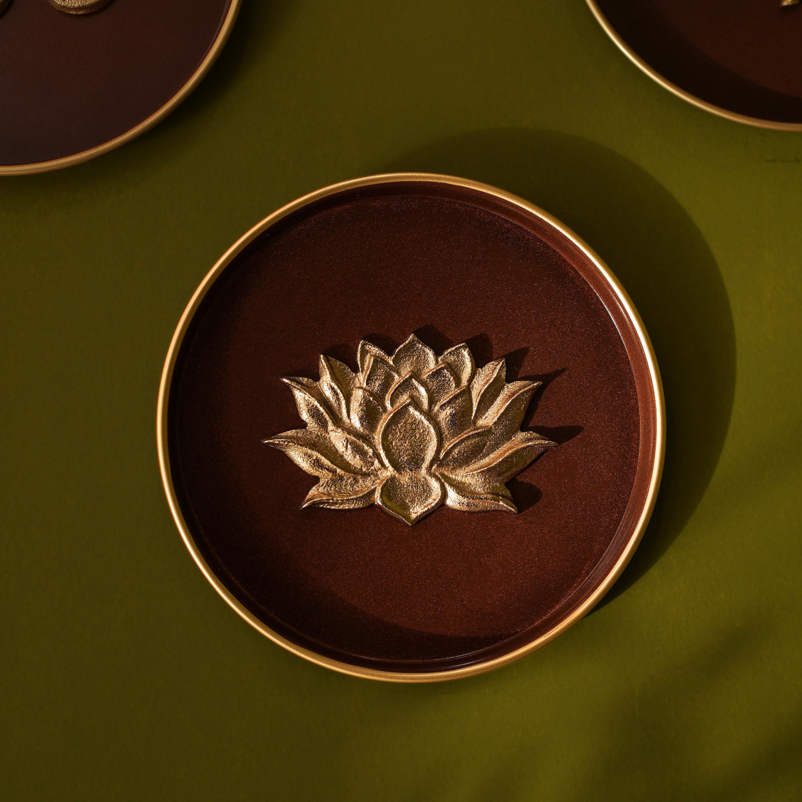 Lotus Metal Wall Plate - Coffee Brown & Gold -2