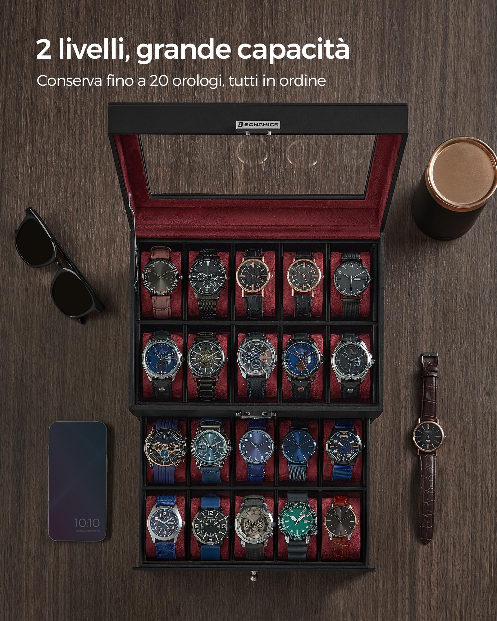 SONGMICS Porta Orologi, Scatola Portaorologi a 2 Livelli, Coperchio in Vetro, con Cuscinetti Rimovibili, Idea Regalo, Superficie in PU Nera, Interno Rosso Bordeaux JWB020R01