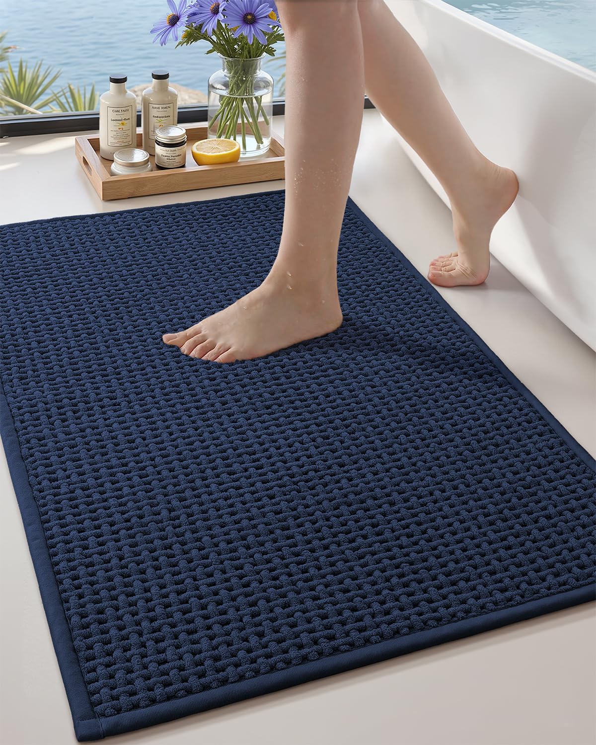color&geometry rubber backed waffle bath mat 36x24, non slip water washable bathroom rugs, soft absorbent chenille boho carpet for bathroom floor, tub and shower, dark blue