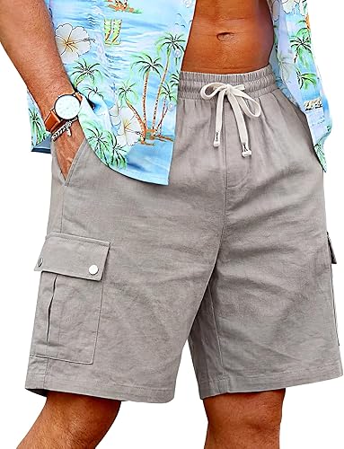 Men's Cotton Linen Cargo Shorts - Elastic Waist with Drawstring, 6 Pockets, Summer Beach Vacation, Casual Lounge