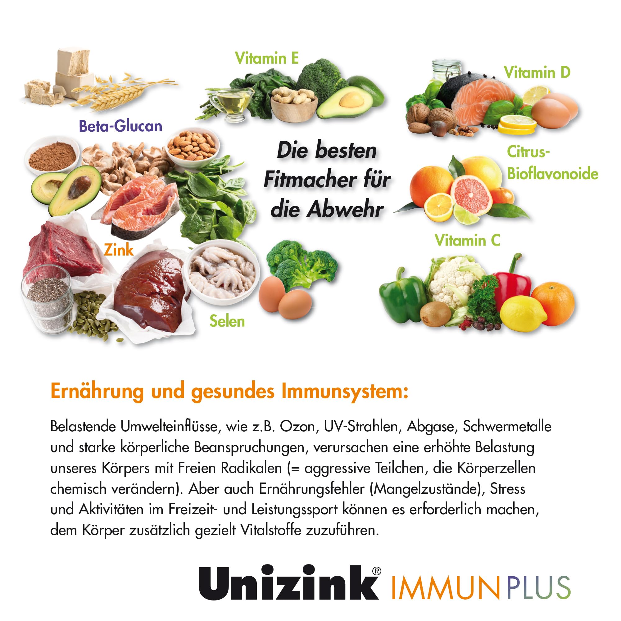 Unizink IMMUN PLUS – Nährstoff-Komplex mit Zink, Vitamin C, D3 und E sowie Selen, Bioflavonoiden und Beta-Glucan, unterstützt eine normale Funktion des Immunsystems, gluten- & laktosefrei, 60 St