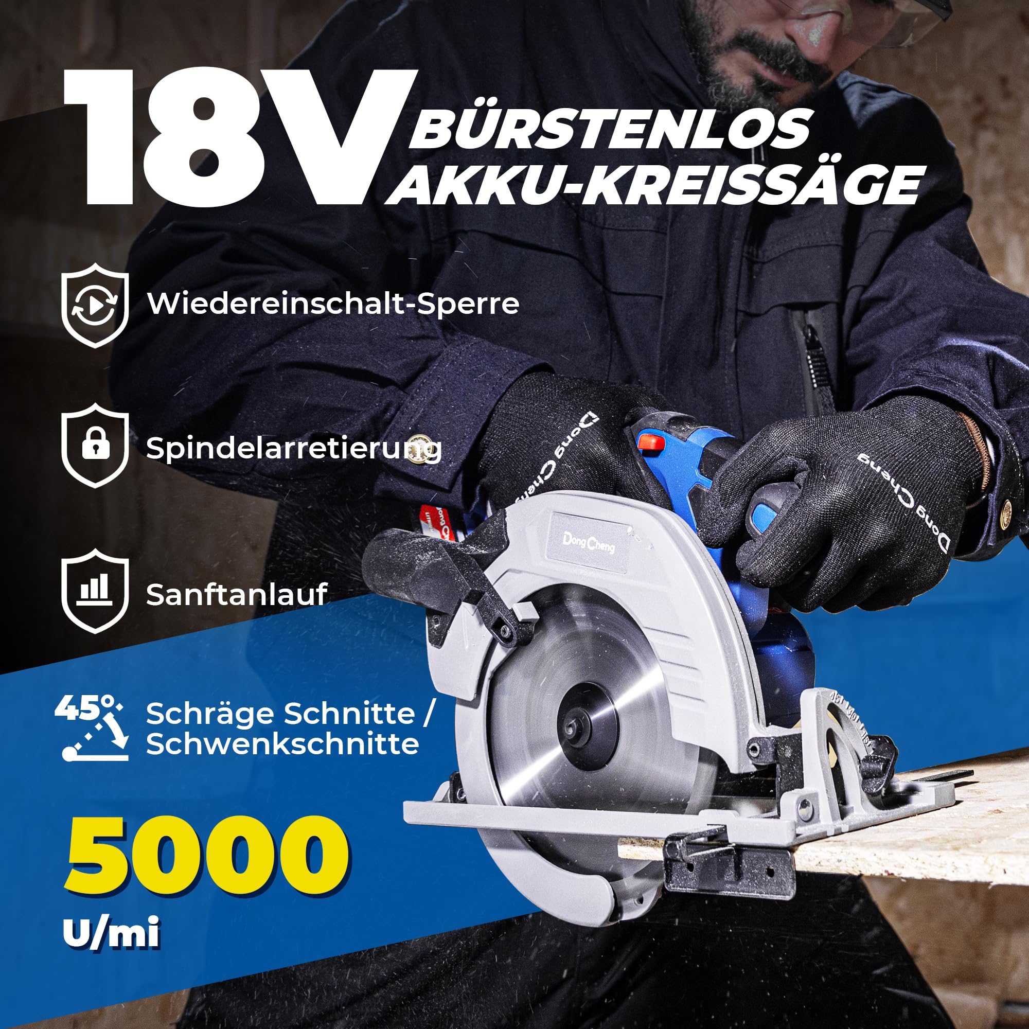 Dong Cheng 20V Sierra circular inalámbrica sin escobillas 185mm, 5000 RPM, capacidad de corte 65mm(90°)/45mm(45°), incl. 3 hojas de sierra 185x20mm, maletín de almacenamiento, batería y cargador
