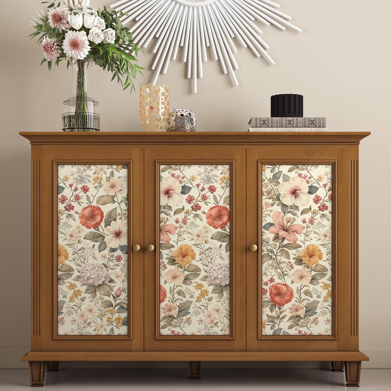 Beige Floral Peel and Stick Wallpaper Yellow Boho Vintage Wall Paper 17.5" x 394" Removable Waterproof Self Adhesive Modern Boho Contact Paper for Bathroom Bedroom Kitchen Cabinet Drawer