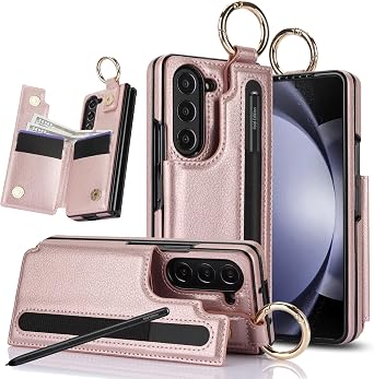 for Samsung Galaxy Z Fold 6 Wallet Case with S-Pen Holder and Credit Card Holder, Cash Slot, Luxurious Leather Magnetic Clasp Kickstand Heavy Duty Ring Protective Cover.Rosegold