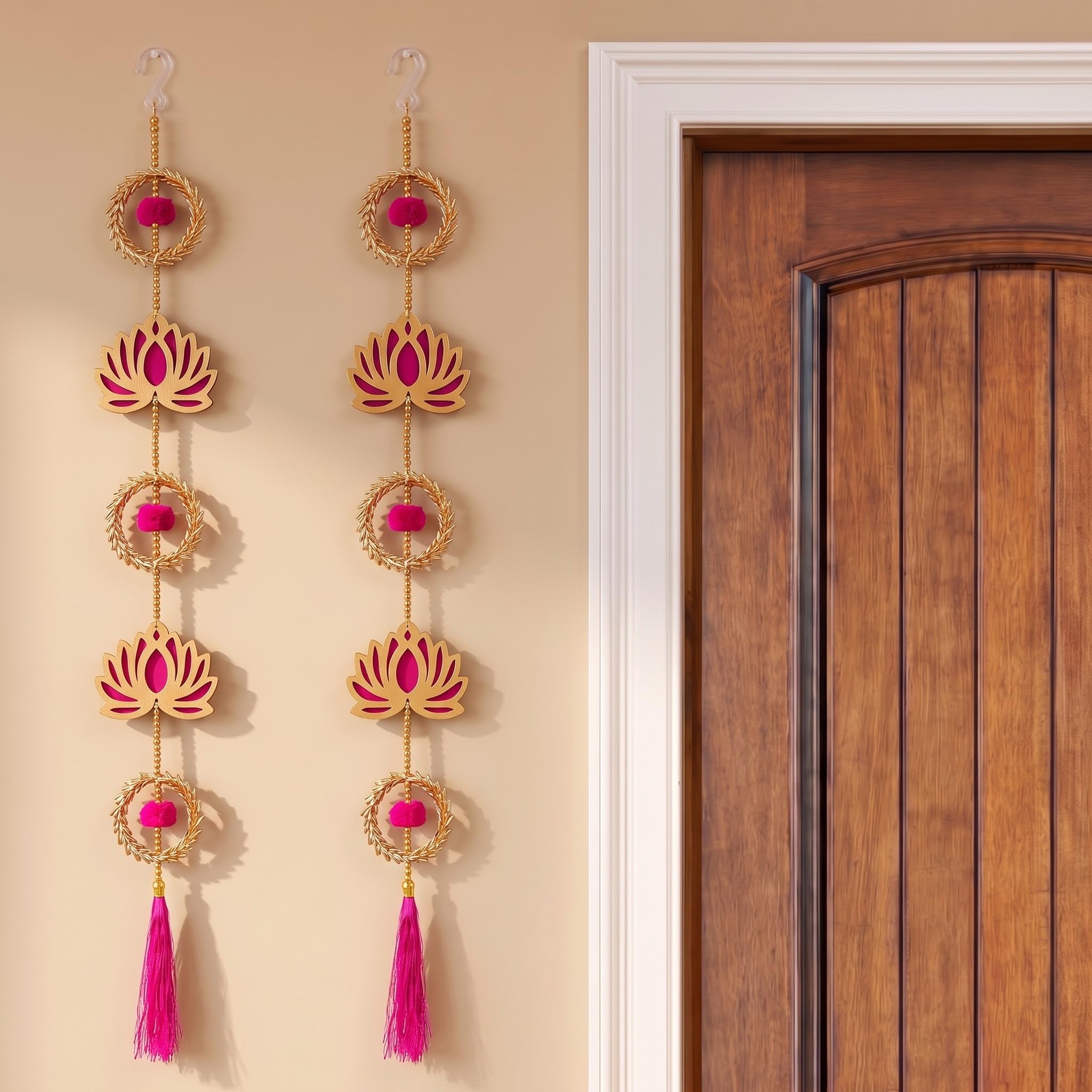 JH Gallery Lotus Wreath Hanging - Ganesh Chaturthi Decoration Items for Home, Handmade Ganpati Makhar & Mandap Backdrop, Temple & Wall Hanging Decor (33 Inch, Pack of 2)