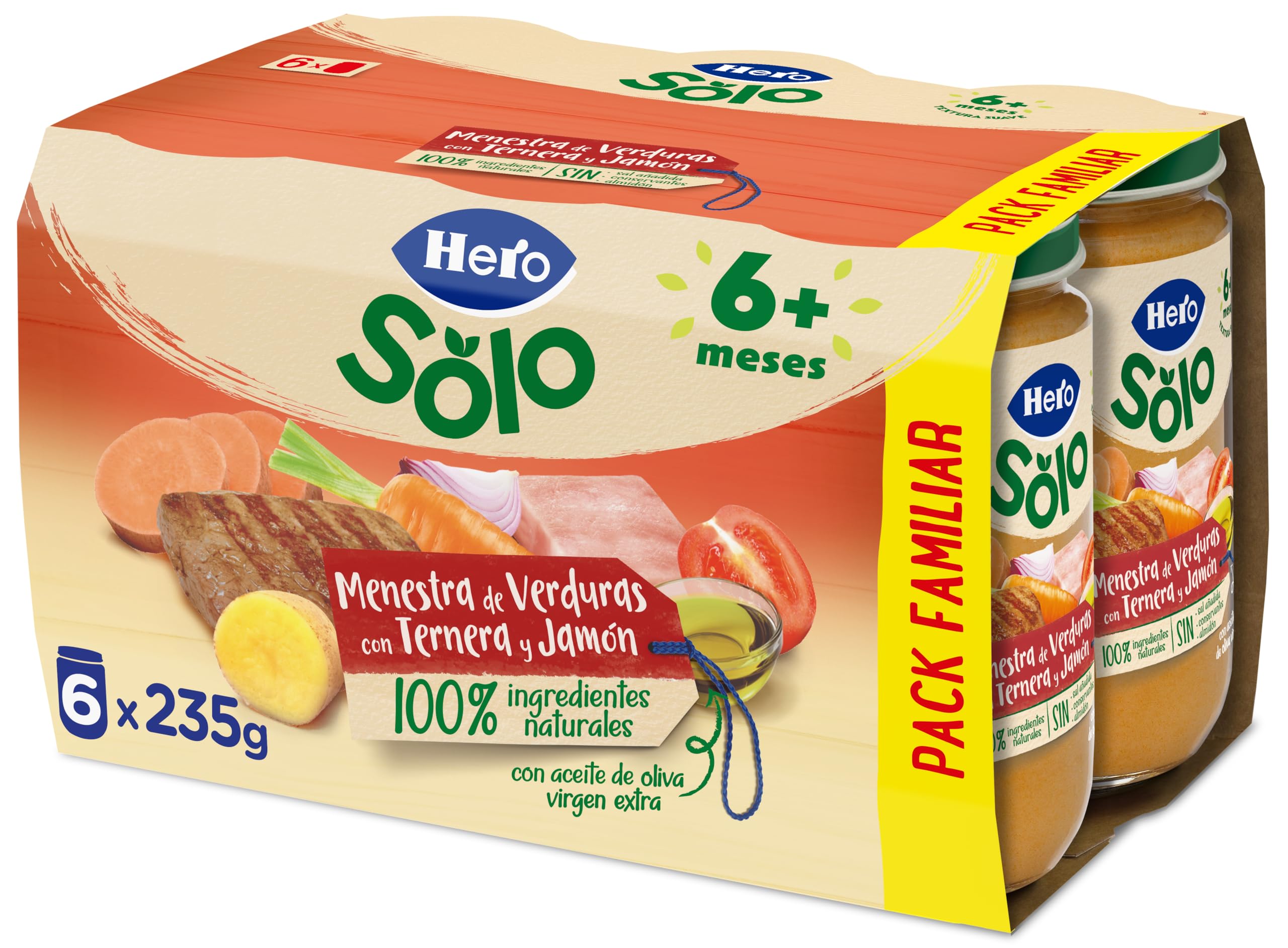 Hero Solo Tarritos Menestra Verduras Ternera Jamón Sin Sal Añadida 6 x 235 g Bebés 6 Meses