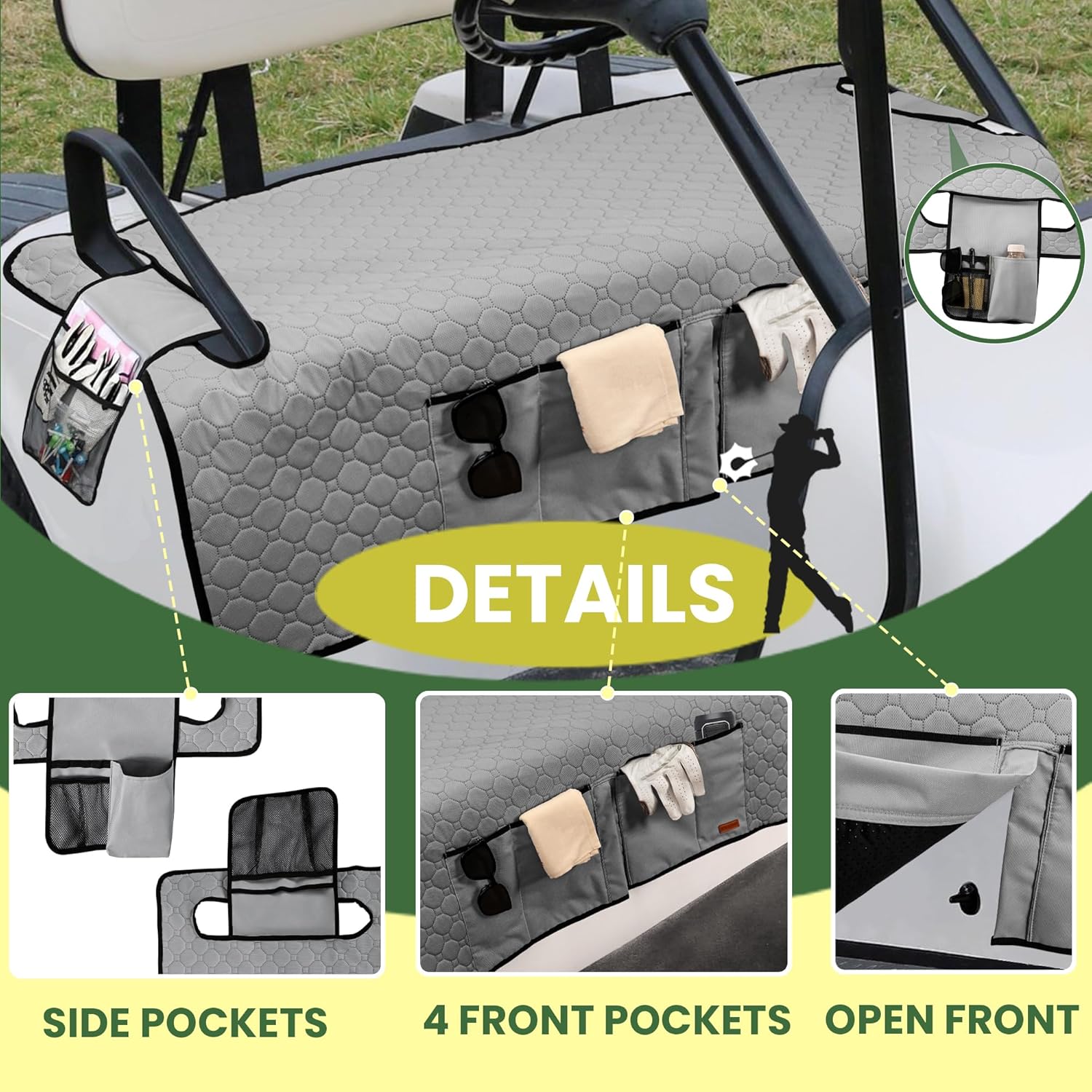 CROTIRAD Golf Cart Seat Covers with 4 Side Pockets, Universal Club Car Seat Covers Towel Blanket with 4 Front Pockets & Nonskid Bottom Compatible with EZGO and More 2 Person Seats Golf Carts, Gray