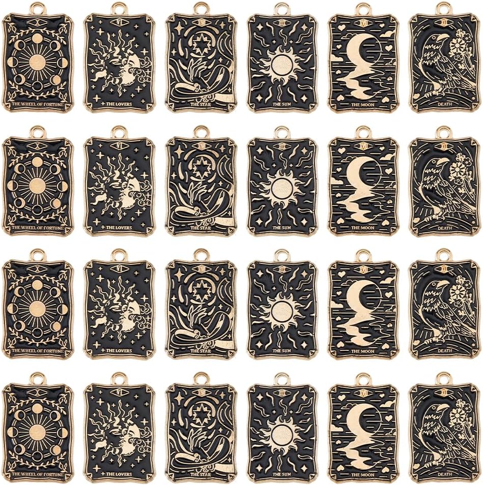 DICOSMETIC 24Pcs 6 Styles Tarot Charms Bulk Enamel Tarot Card Charms Alloy Tarot Pendant Gothic Moon Star Rectangle Charm Black Amulet Charm Vintage Magic Pendant for DIY Jewelry Making