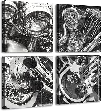 DJSYLIFE Black and White Vintage Motorcycle Wall Art 12" x 12" | 4 Piece Set, Gallery-Wrapped Canvas, Classic Motorcycle Close-Up, Modern Home Office Artwork, for Mens Bedroom, Boys Room