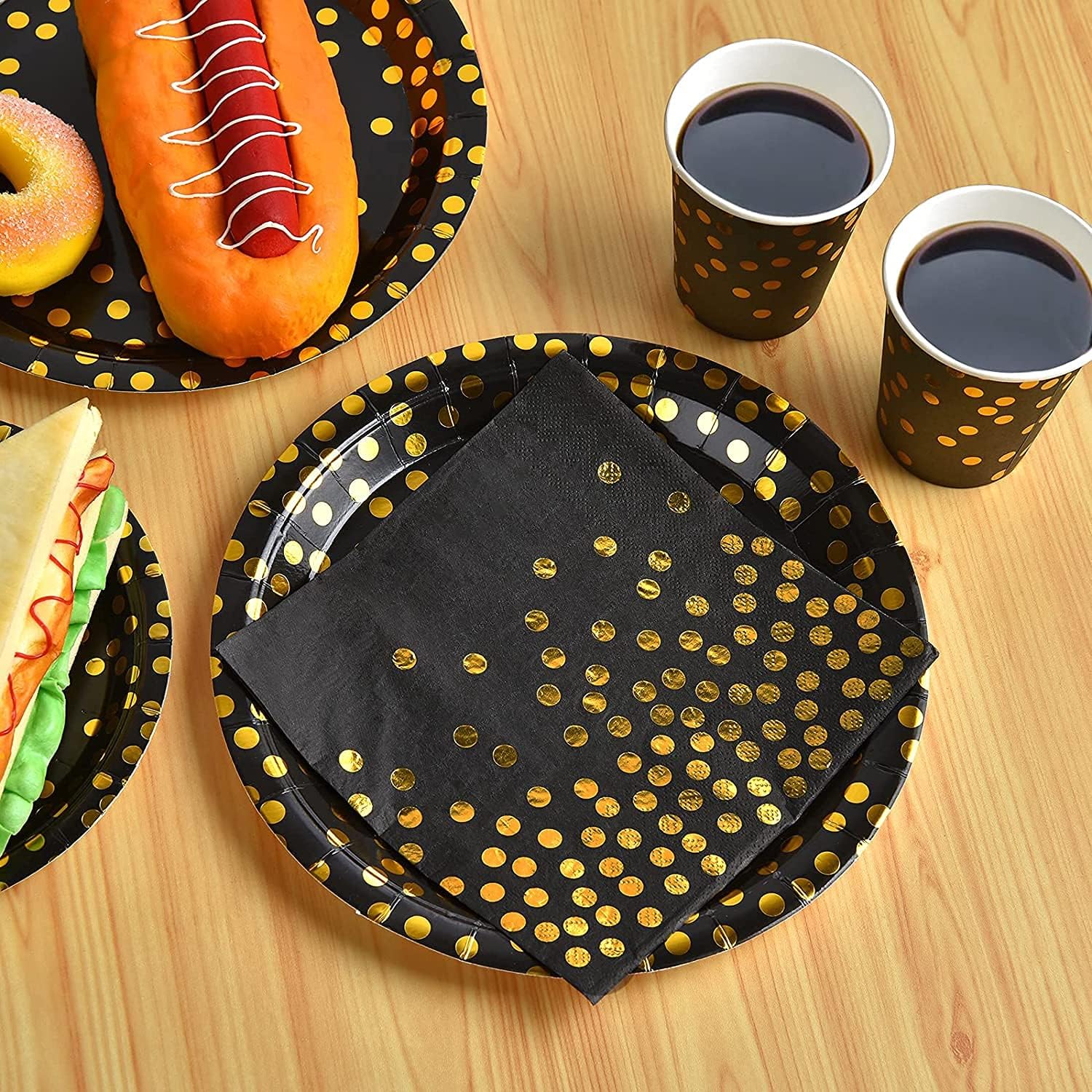 Generic Black and Gold Party Supplies 175PCS Sever for 25 Guests Disposable Party Dinnerware Golden Dot Black Plastic Plates and Gold Plastic Forks Knives Spoons Black Napkins Cups