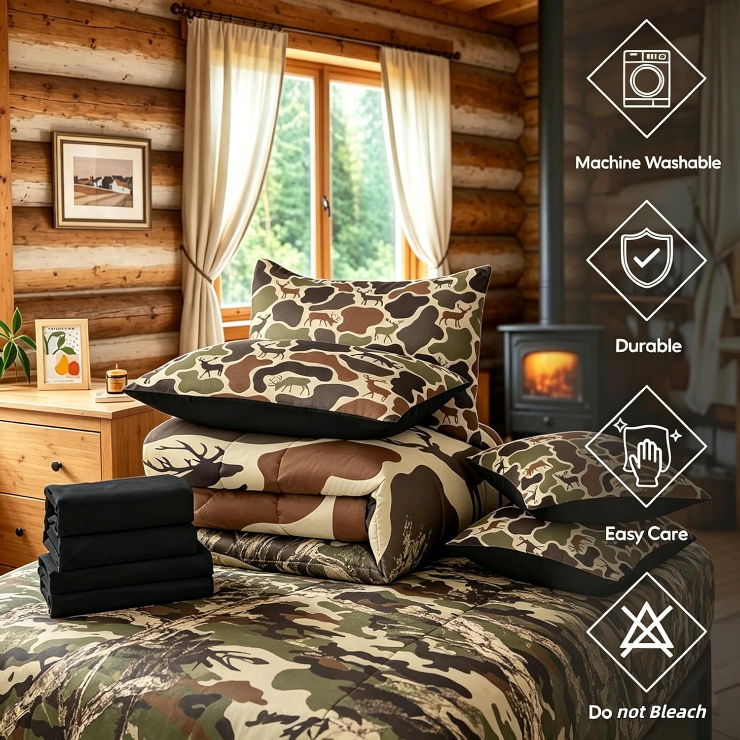 Erosebridal Camo Deer Comforter Set 7 Pcs Camouflage Hunting Deer Bedding Set Twin Green Military Army Camo Bed in A Bag for Kids Boys Girls Country Hunter Wildlife Sheet Set with Comforter