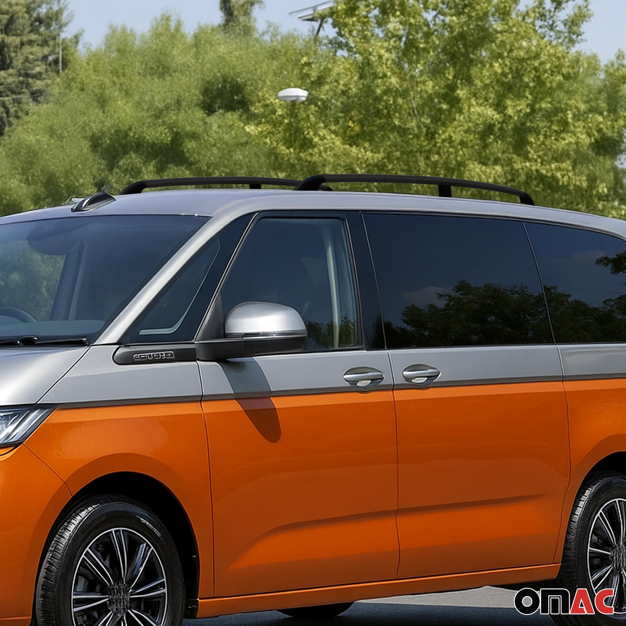 OMAC Dachreling Dachträger kompatibel mit VW Multivan T7 2021-2026 Langer L2 Alu Schwarz 2 TLG