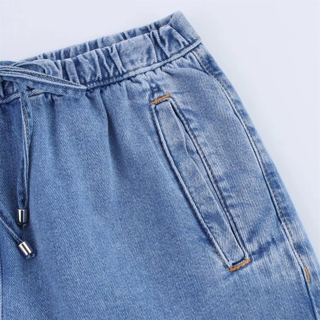 Womens Long Sleeve Cropped Denim Jacket And Drawstring Waist Pants Set Casual Loose Fit Summer Outfit