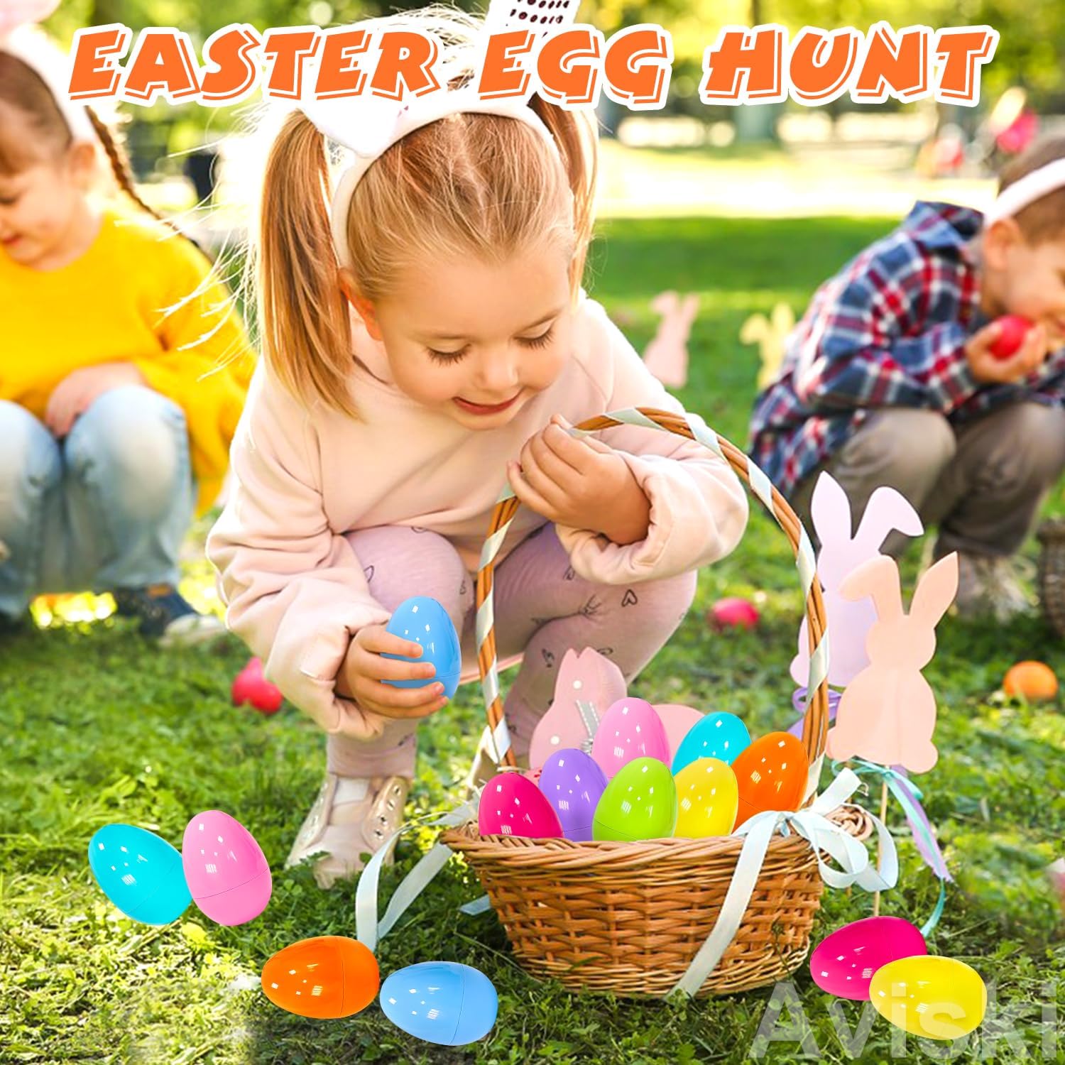 Aviski 72Pcs 2.36inch Colorful Easter Plastic Eggs for Kids Egg Hunt Basket Bag Empty Stuffers Fillers with 1pc Cute Non Woven Bags, Toys Filling Treats and Easter Theme Party Supplies Favor