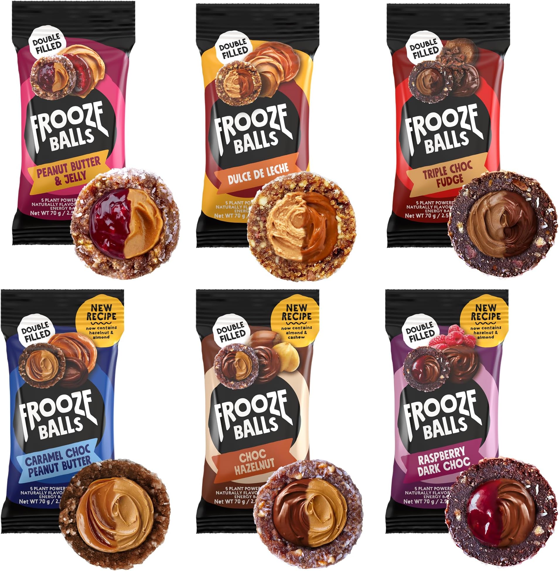 Frooze Balls Double-Filled Energy Balls Variety Pack - (6 bags, each with 5 balls) Healthy Vegan Snacks, Gluten-Free