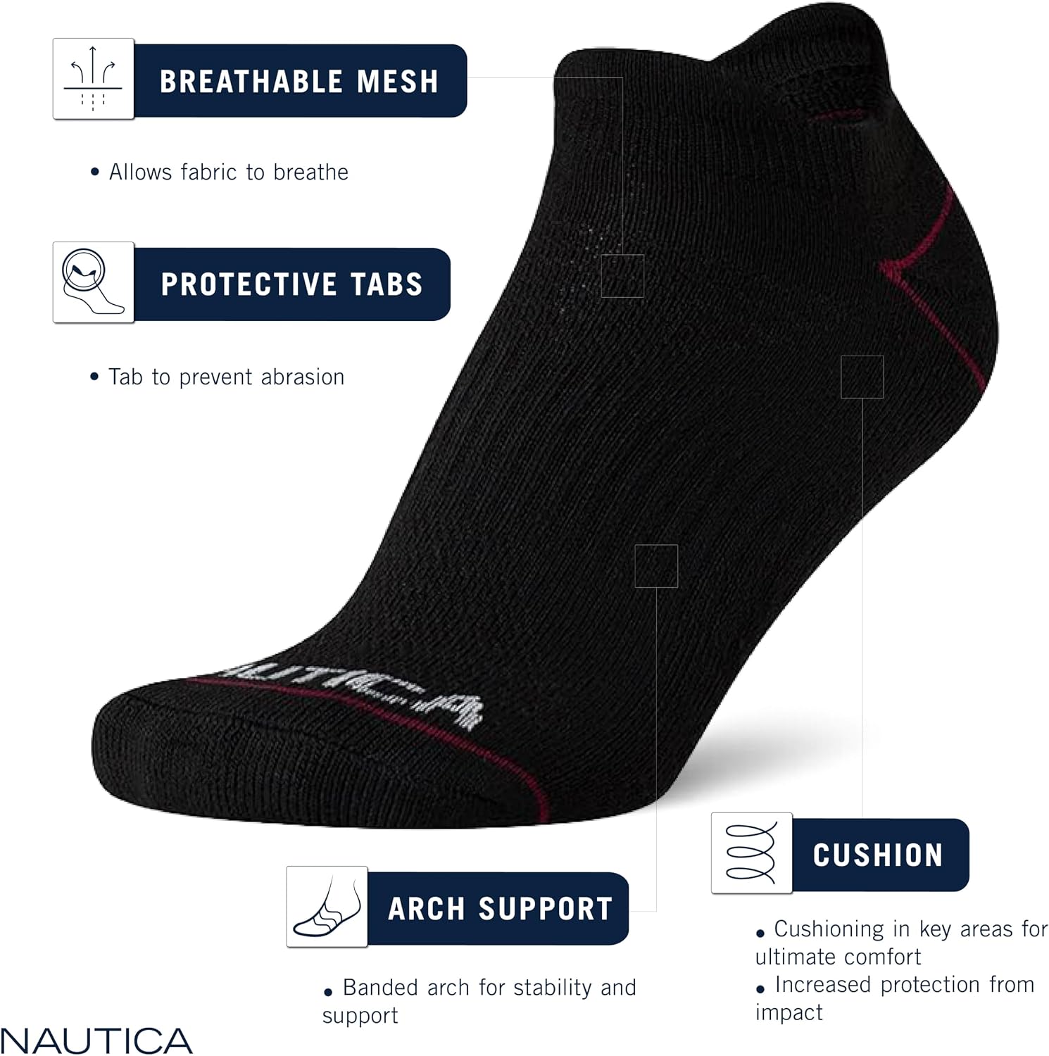 Nautica Womens No Show Socks Moisture Wicking Low Cut Athletic Socks 6 Pack | Moisture Wicking Dri-Motion Fabric, Cushioned Key Areas, Banded Arch Support, No Show Low Cut, Shoe Size 4-10