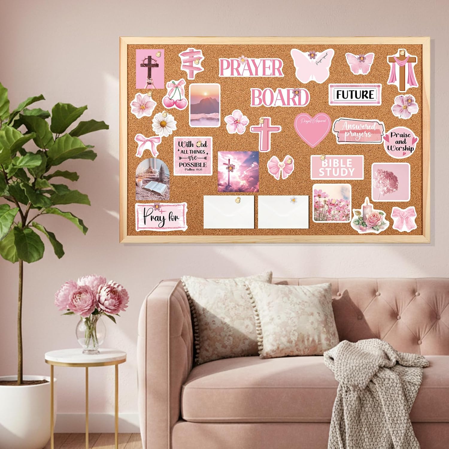 Prayer Board Supplies Kit - 257 Pcs Pink Coquette Christian Jesus Bulletin Decorations Decor Bible Verse Stickers Flower Pins Envelopes Cards Pearl Lace Decals Gift Sets for Classroom Office