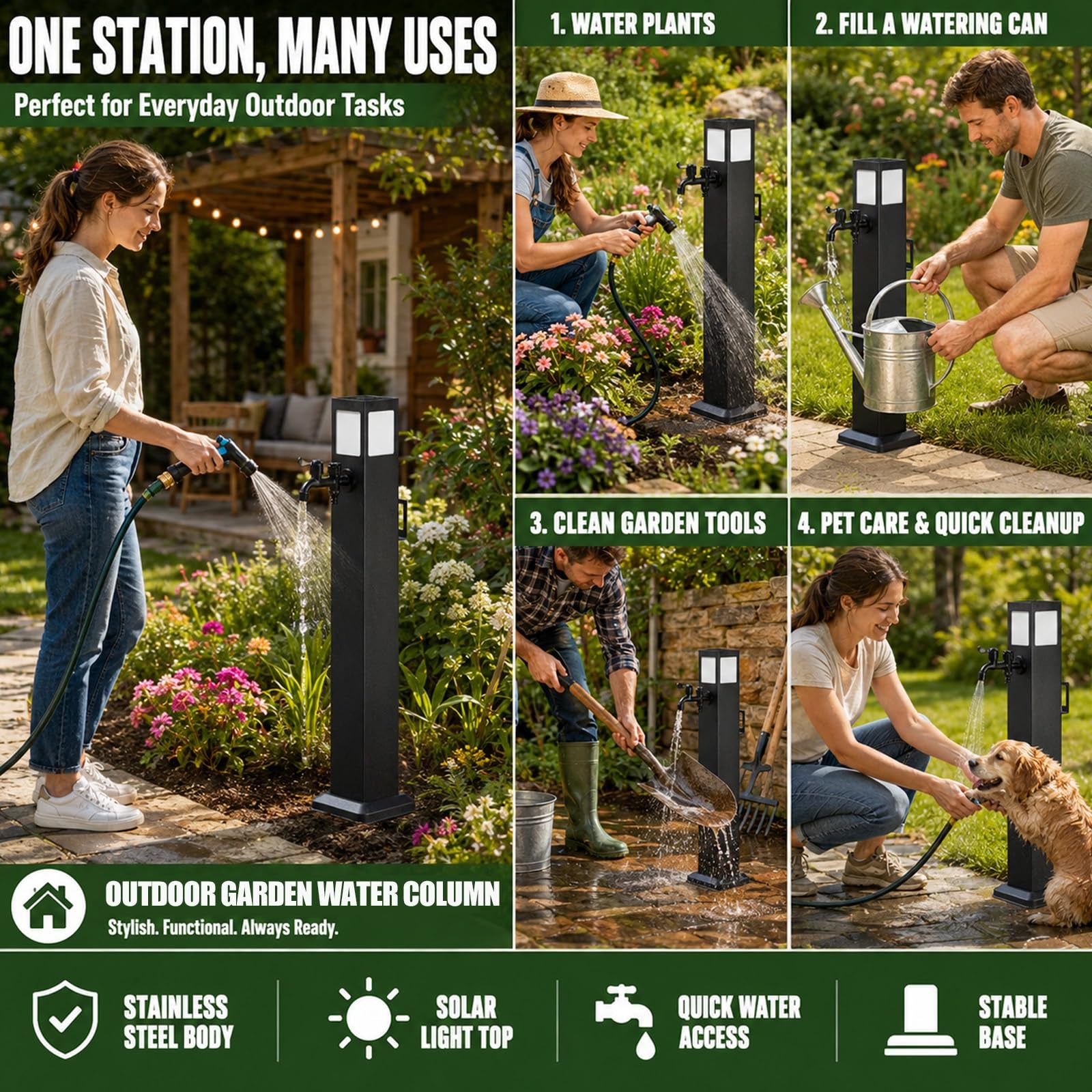 Columna de agua para exteriores con grifo, columna de acero inoxidable estación de toma de agua resistente a las heladas con luz solar para jardín, césped o patio