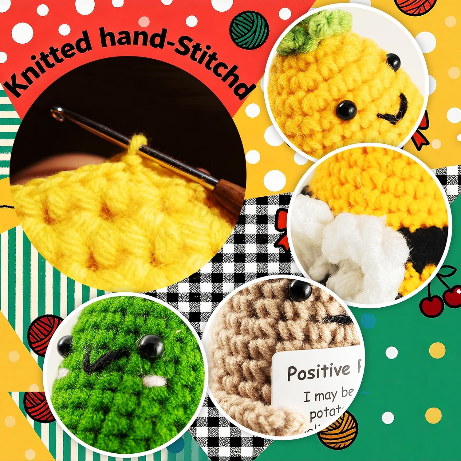 5-Pack Positive Potato Crochet Doll, Cute Funny Emotional Support Funny Gag Gifts with Positive Card, Handmade Creative Pickle Crochet Toy for Friends, Parties, Birthdays, Decor