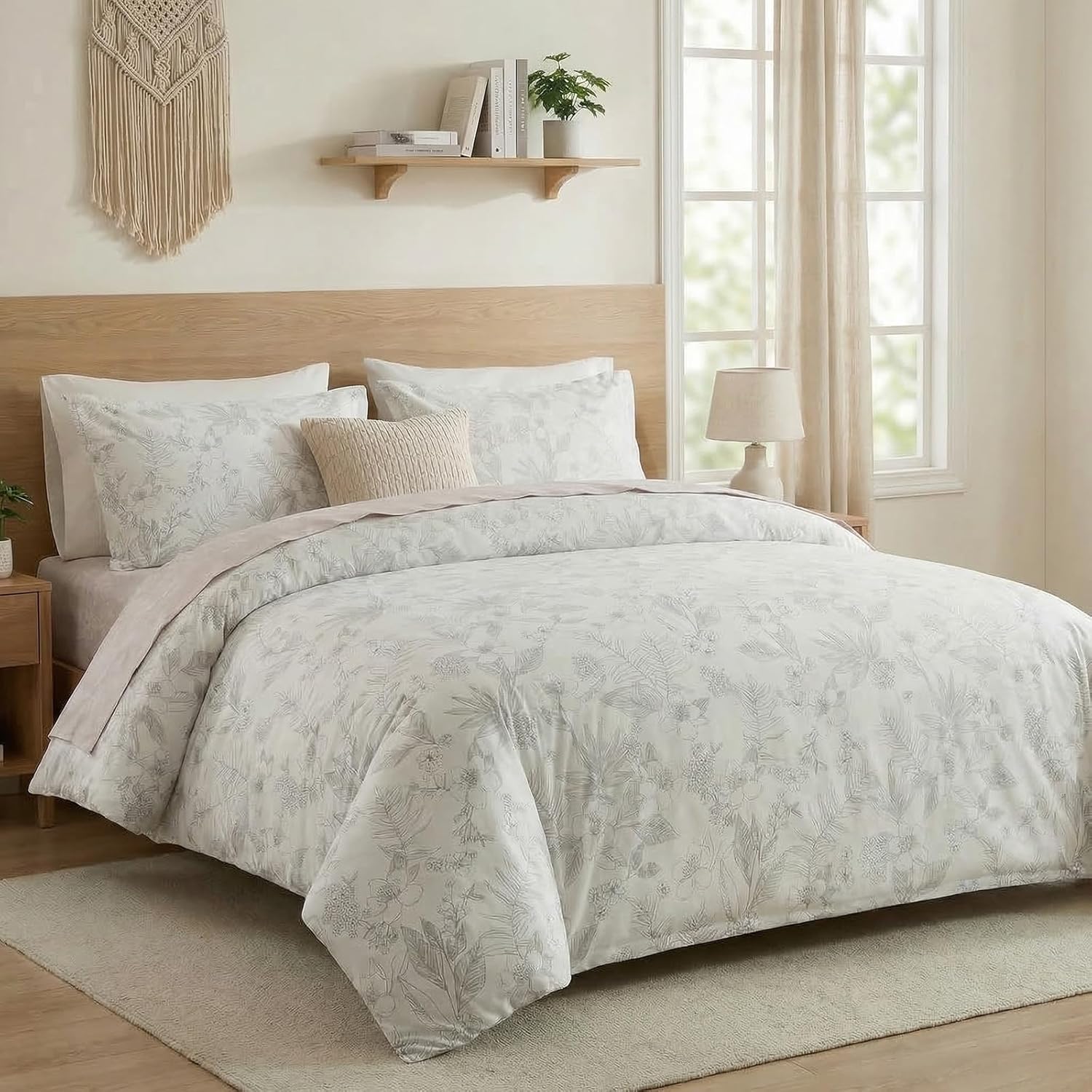 100% Cotton Floral Duvet Cover Set Queen Size Ultra Soft Breathable Grey Floral and Leaf Comforter Cover Set 3 Pcs All Season Cozy Floral Bed Cover with Zipper Closure