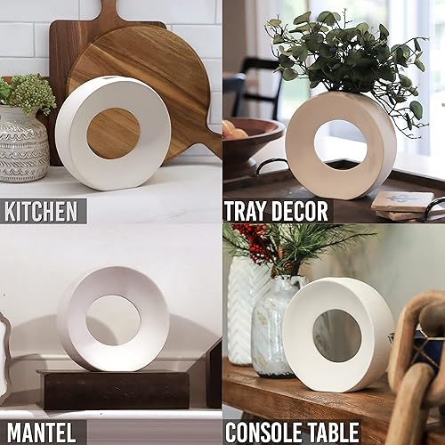 Miniatura 6 de Jarrón de cerámica blanca  Jarrón decorativo moderno para sala de estar, oficina y mesa de entrada, jarrón de donas para hierba de pampas, flores y